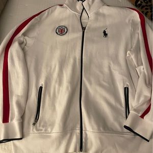 Men’s White Polo Zippered Fleece Sweatshirt with Red and Navy Trim XXL